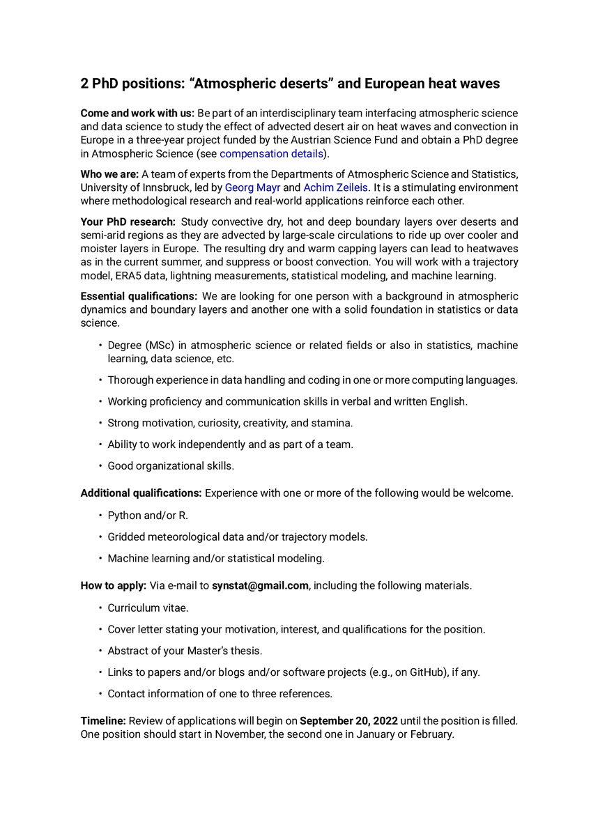AchimZeileis's tweet photo. Come &amp; work with us: 2 PhD positions in a 3y @FWF_at project.

"Atmospheric deserts" and European heat waves.

#wx #DataScience #rstats #python https://t.co/p9IPJxrkcm