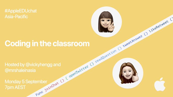 mrshaleinasia's tweet image. Who is ready to chat #codingintheclassroom? The September #appleEDUchat is kicking off! Introduce yourself! Let us know where you are joining us from. Don’s forget to use the #appleeduchat