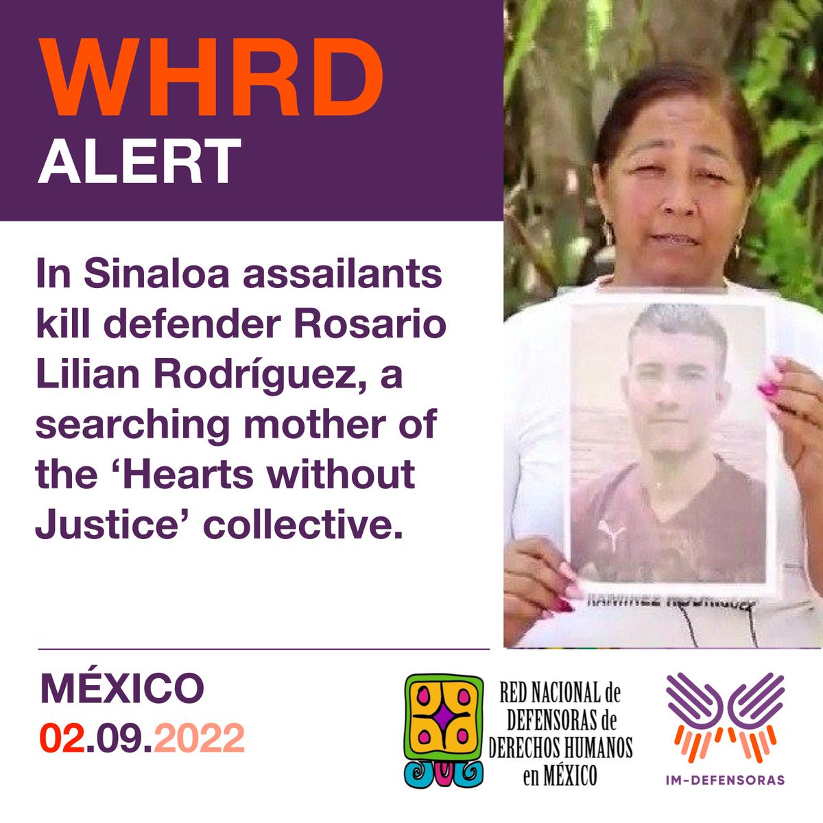IM_Defensoras's tweet photo. 📢⚠️🚨#WHRDAlert MEXICO / In Sinaloa assailants kill defender Rosario Lilian Rodríguez, a searching mother of the ‘Hearts without Justice’ collective.
🔴16 women searchers have been assassinated since 2010 in Mexico.
📌For more information ➡️https://t.co/JMO18FTspY https://t.co/swYQUn8pjI