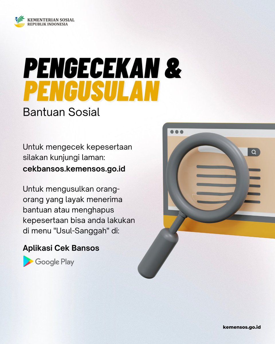 KemensosRI's tweet photo. Jangan khawatir #SobatSosial, saat ini kalian dapat terlibat aktif untuk mengawal program Bantuan Sosial milik @KemensosRI melalui layanan-layanan pengecekan, pengusulan, hingga pengaduan terkait bansos yang dapat diakses dengan mudah👇

#BantuanSosial https://t.co/frwMgy6qFm