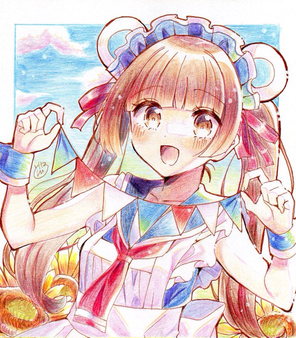 しろくまマリンルックなメイド#創作#ヲトメツバキ#色鉛筆 