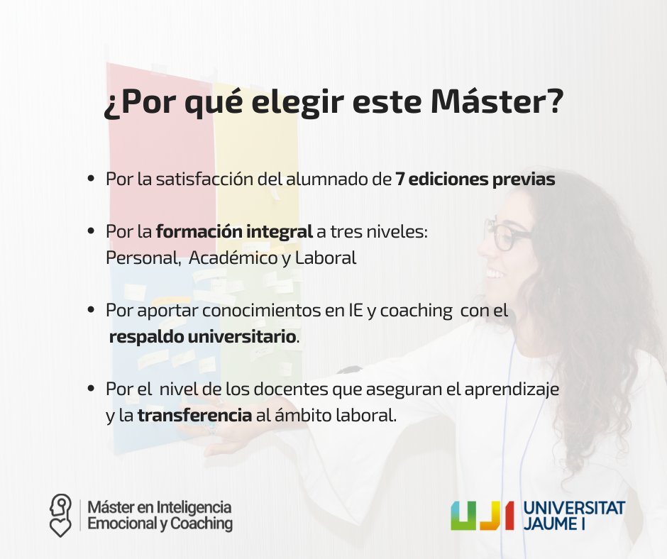 Master_IEcoach's tweet photo. 👉El 28 de octubre comienza la 8ª edición del Máster en #Inteligenciaemocional y #Coaching de la 
@UJIuniversitat
 
 👩‍🏫Todavía quedan plazas, infórmate de las ayudas económicas disponibles
 
Escoge entre la modalidad PRESENCIAL 🏛 o 100% ON-LINE 📲 https://t.co/anGjDzAQDa
