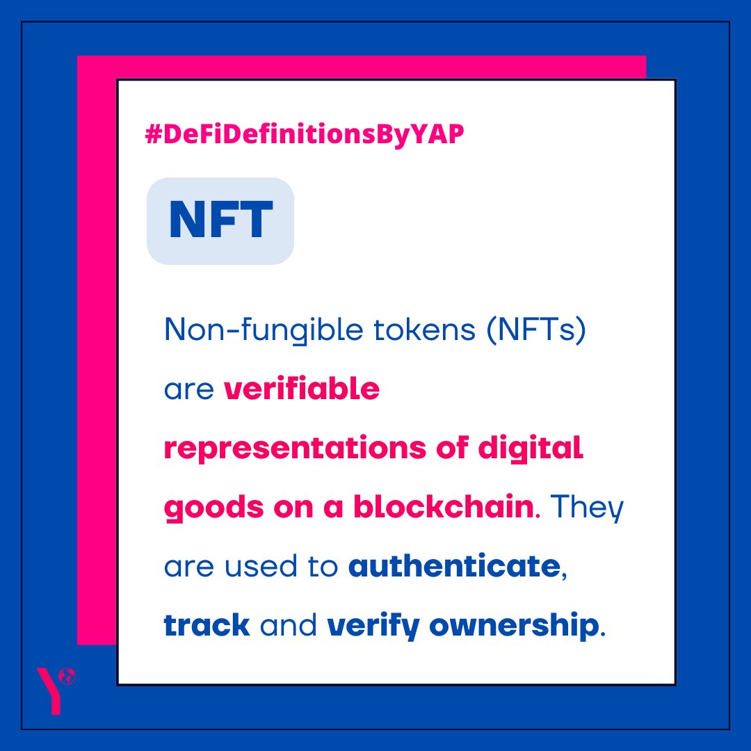 YAPGlobalTeam's tweet photo. GM! Today we're bringing you #DeFiDefinitionsByYAP ๐
What are NFTs? ๐พ
This week's definition is written by @CelinaChux for the 34th edition of our weekly newsletter, The Context ๐
Read the full newsletter here: https://t.co/XJr3hP2I6L https://t.co/CVrOZJqSpG