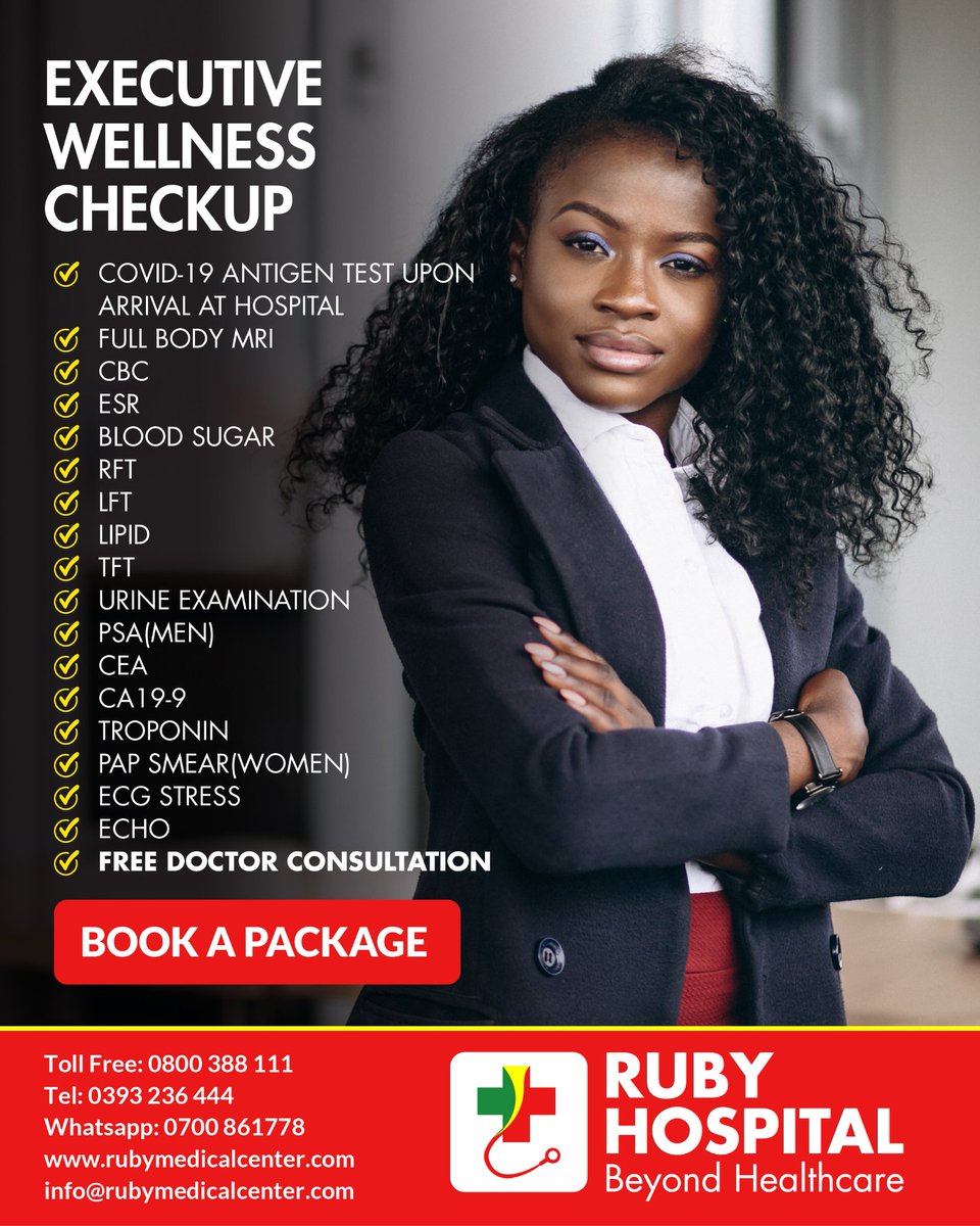 RubyhospitalUg's tweet image. Regular health check-ups can identify any early signs of health issues and increase your chances of effective treatment. Book an appointment for Executive wellness checkup today!

#RubyMedicalCenter
#RubyHospital
#BeyondHealthcare
#WellnessCheckup