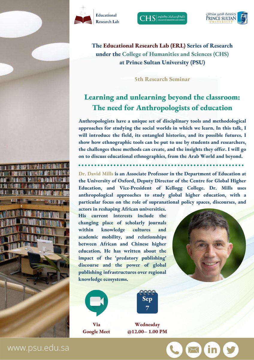 erl_psu's tweet photo. We welcome you to attend the 5th ERL research seminar @CoHS_PSU @PSU_RUH with renowned guest speaker Dr. David Mills, Oxford University

Title: Learning and unlearning beyond the classroom– The need for Anthropologists of education

When: Sep 7, 2022
Where:https://t.co/0Jdz7JXfxv https://t.co/nNJyLUD0Og
