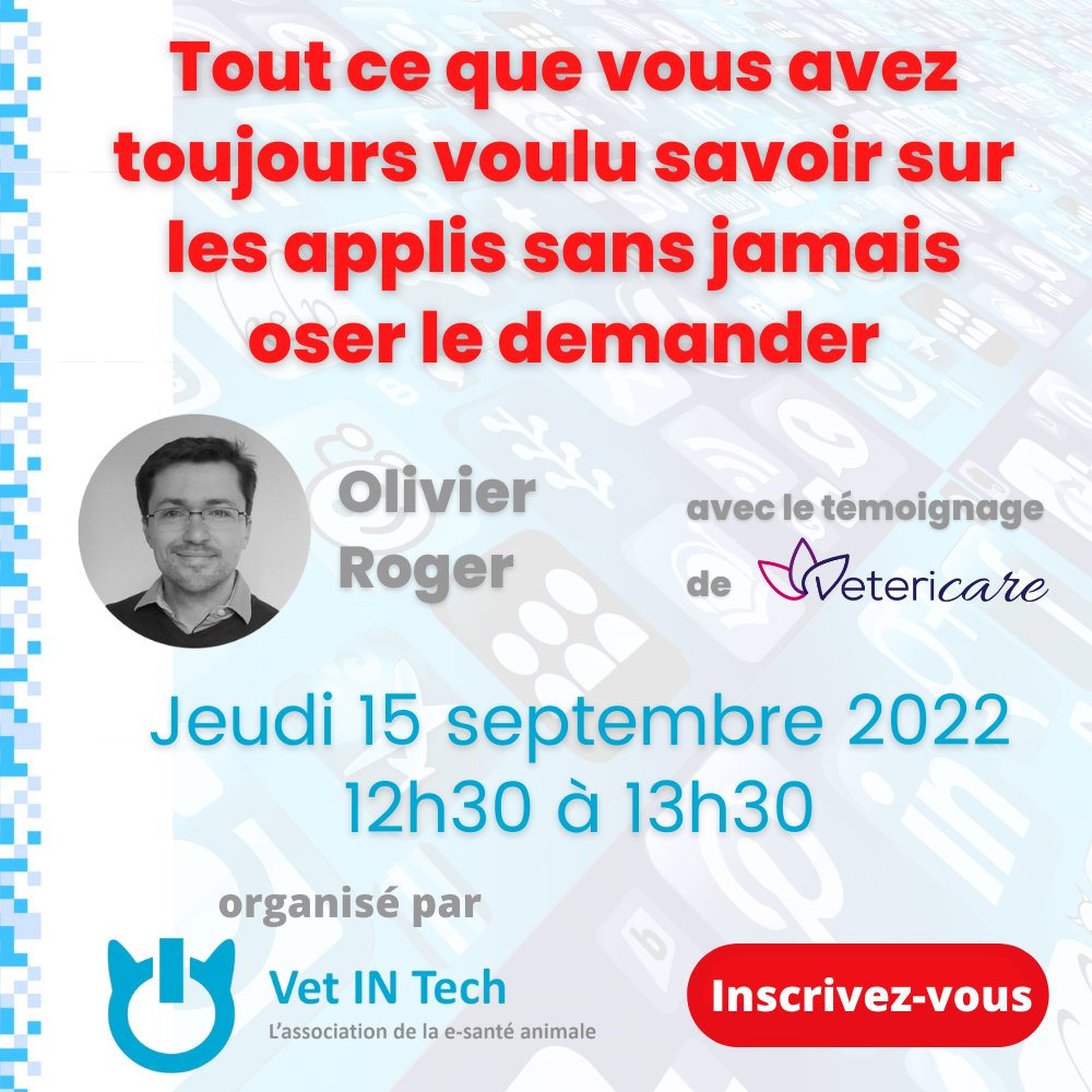 vetintech's tweet photo. 🤔🧐📲 𝗔𝗽𝗽𝗹𝗶, 𝘃𝗼𝘂𝘀 𝗮𝘃𝗲𝘇 𝗱𝗶𝘁 𝗮𝗽𝗽𝗹𝗶 ❓
C'est la rentrée pour l'association de la e-santé animale @vetintech  qui vous invite à découvrir le monde des applis avec ce webinar : https://t.co/RMzxxyuKL9
#webinar #vetintech #applications #formations https://t.co/ke3NaZNDZE