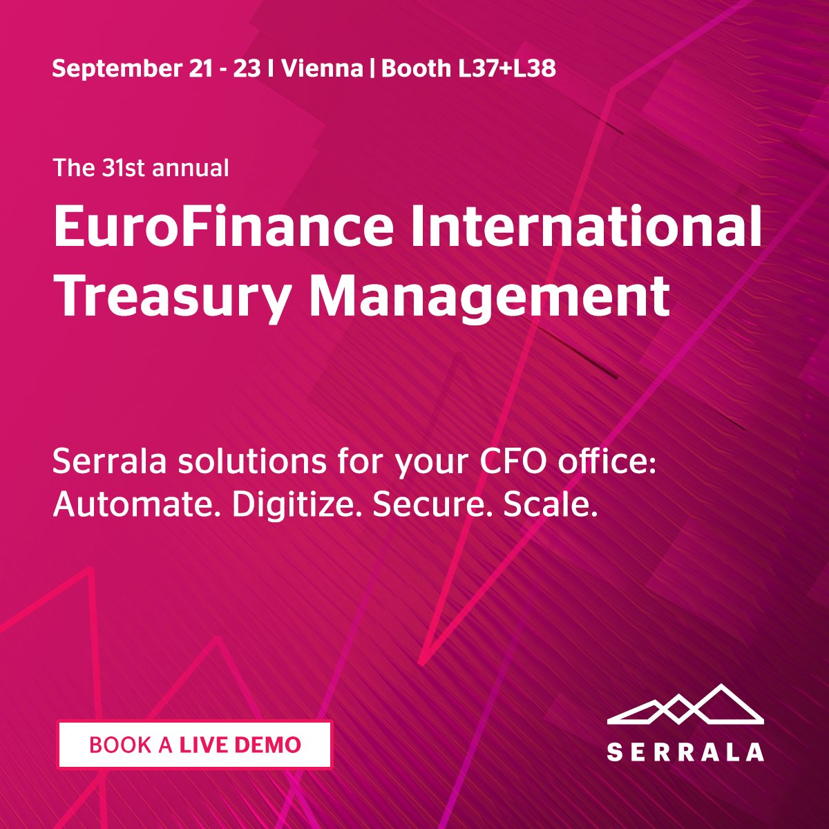 WeAreSerrala's tweet photo. Need an empowerment boost 🔋 to automate, digitize, secure & scale your #CFO office? We are bringing the latest in #treasurytechnology to #EuroFinanceInt on Sept 21–23 in Vienna. Book a demo & meet us at booth L37+L38: https://t.co/JjfzJuclLZ #event #treasury #finance #automation https://t.co/E3Y1T4Ss1s