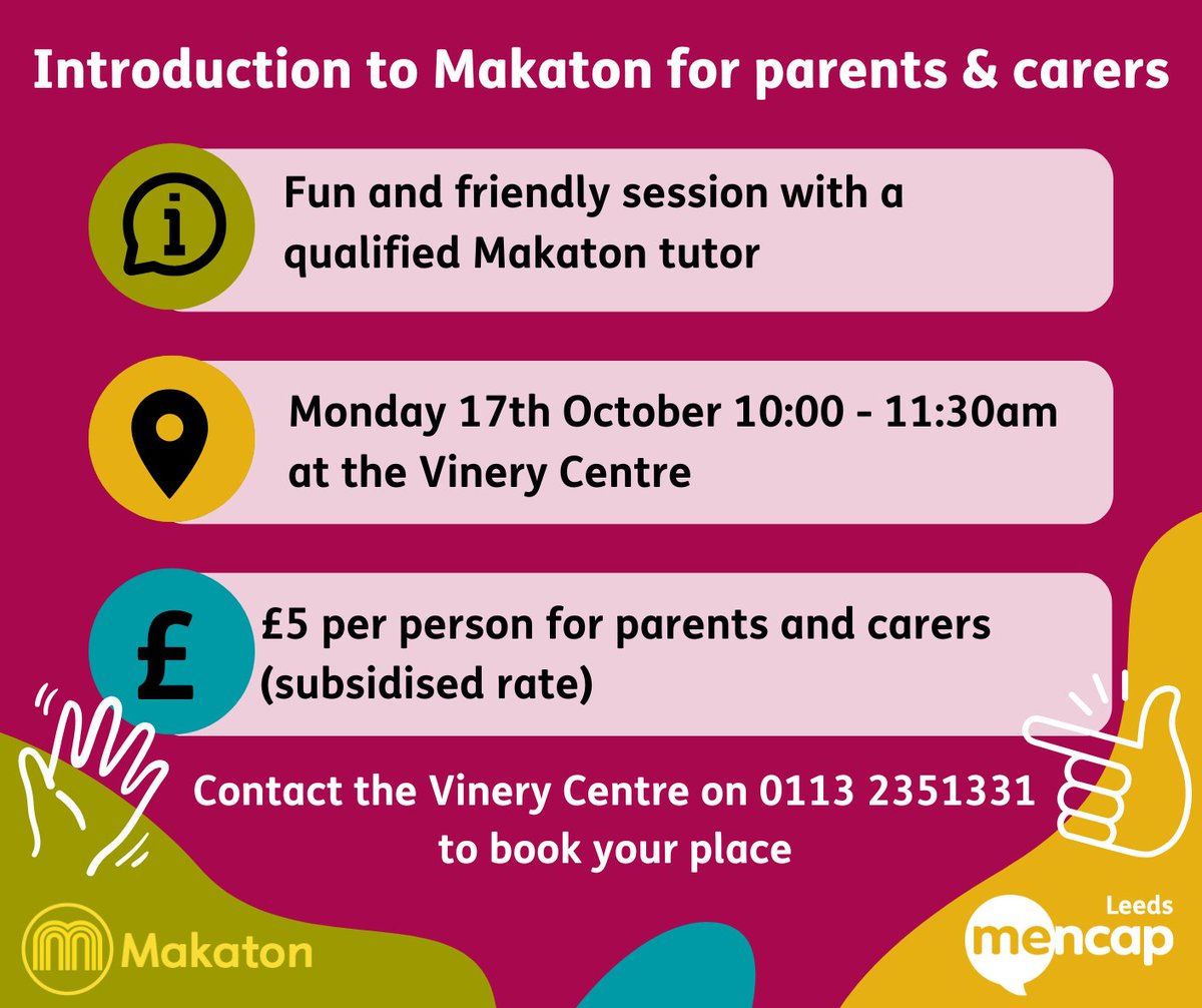 👋There are still spaces left on our Introduction to Makaton course for parents and carers! 

This is an fantastic session that introduces you to benefits and basics of Makaton for just £5 per person!

Call us on 0113 235 1331 to book your place.