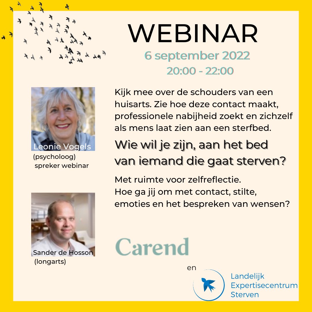 info_LESterven's tweet photo. 'Communicatie en empathie rond het sterfbed'

#Carend en het Landelijk Expertisecentrum Sterven organiseren samen dit bijzondere webinar.
Meer info en aanmelden:.
https://t.co/XH0zaAdpBP

#sterven #sterfbed #palliatievezorg #vptz #stilte #webinar #emoties #wensen #zorg https://t.co/bwjAeVXEcw