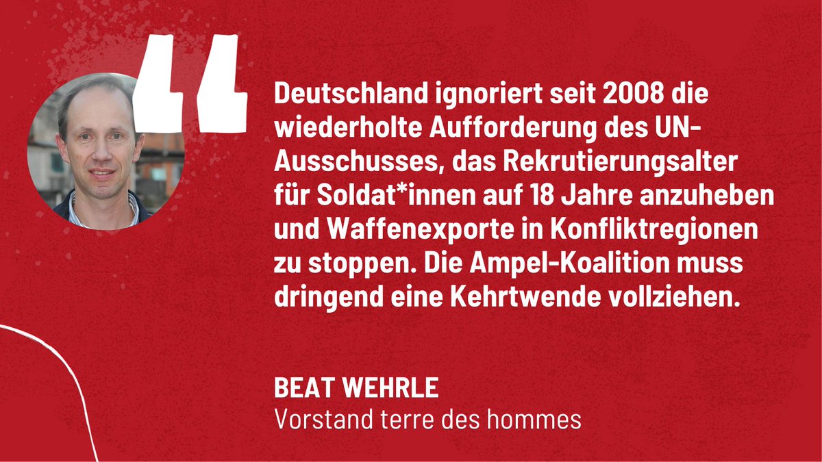 tdh_de's tweet photo. Heute und morgen prüft der UN-Kinderrechtsausschuss ob Deutschland seinen Verpflichtungen nachkommt. Wir sind vor Ort und fordern ein Ende der Rekrutierung minderjähriger Soldat*innen und den Stopp von Waffenexporten in Konfliktgebiete: https://t.co/qPXRDO5aur (1/4) https://t.co/vgvSOAF0X0