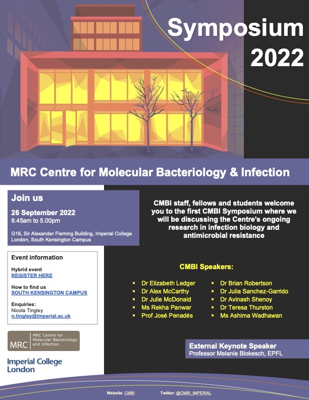 If you want to know more about the MRC Centre for Molecular Bacteriology and Infection at Imperial College, the science we do, our future plans... please, join our 1st Syposium day, on September 26th!  This will be a hybid eventy! Looking forward to meeting you all!