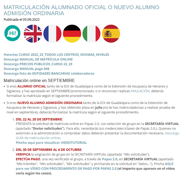 eoiguada's tweet photo. MATRICULACIÓN ALUMNADO OFICIAL/NUEVO ALUMNADO ADMISIÓN ORDINARIA. Más información: https://t.co/nmU27xho5y https://t.co/chd60EW7Jx