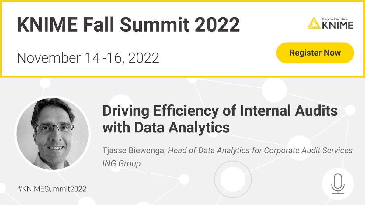 knime's tweet photo. Join us for the #KNIMESummit2022 to hear Tjasse Biewenga, Head of #DataAnalytics for #InternalAudit at @ING_news on how his team is leveraging @KNIME for #controltesting, #processmining, #imageanalysis, and more, across multiple data sources and systems. https://t.co/NoDyAXRnMC https://t.co/Kn784wvdJh