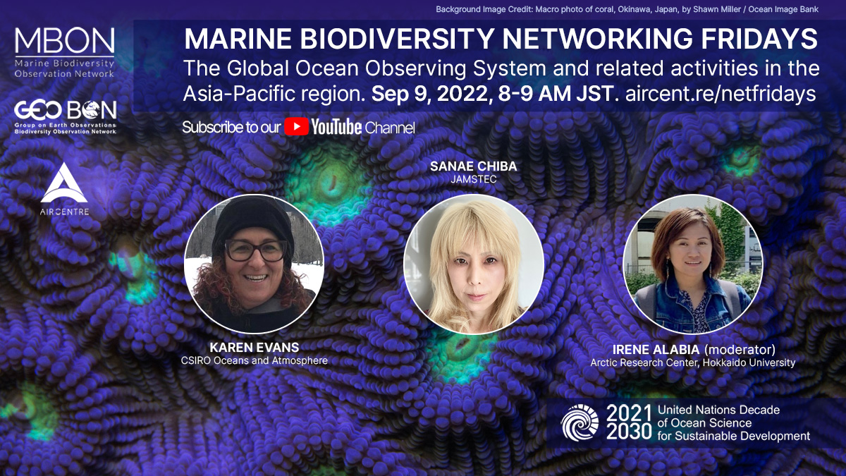 AIRCentre_org's tweet image. THURSDAY 8:00 AM JST, 11:00 PM UTC/ FRIDAY 12:00 AM WEST, 1:00 AM CET - GOOS and related activities in the Asia-Pacific region - mailchi.mp/aircentre/mbon… Marine Biodiversity Networking Fridays with Karen Evans (CSIRO), Sanae Chiba (PICES) and Irene Alabia (Hokkaido University)