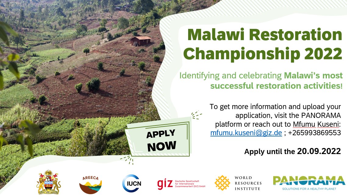📢🌱Application extended for #MalawiRestorationChampionship 🏆

Do you have outstanding #restoration solutions &amp; operating in #Malawi? Apply through September 20, 2022: ow.ly/HaJe50KA3Z8