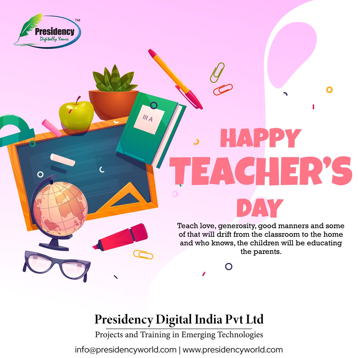 presidencyglob's tweet photo. A nation is built on the strength of bright minds. Great teachers who discover, nurture it &amp; instil the values in ordinary people to make extraordinary accomplishments.
Happy teachers' day!

Presidency Digital India | https://t.co/8UTQdFOZ8T

#happyteachersday https://t.co/t0FtGag1pu