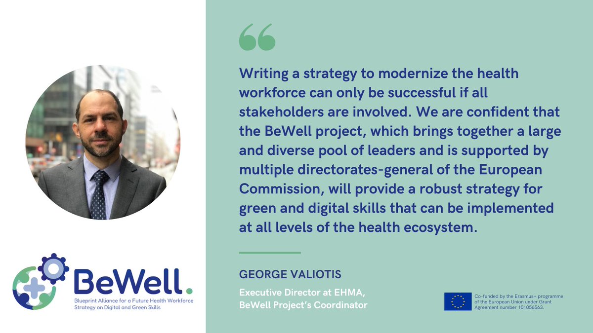 BeWellProjectEU's tweet image. #BeWell will help modernise the health workforce with its digital and green skills strategy. 
🎙️Listen to what @GeorgeConverses from the @EHMAinfo says about the ambition of the project and its relevance for the future of health in the #EU. 
➡️youtube.com/watch?v=1cdf6_…