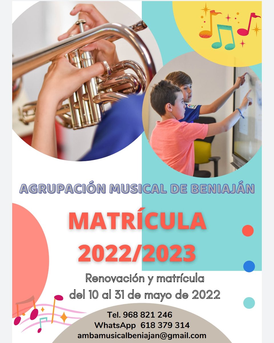 ambeniajan's tweet photo. Esta semana comienza el curso en la escuela de música de la AMB. Si aún no tienes tu plaza, ponte en contacto con nosotros, formaliza matrícula y comienza tu formación musical en una de las escuelas con más tradición de la Región de Murcia.

¡Anímate!

#AMB #OrgulloAMB https://t.co/dHbkJlIArY