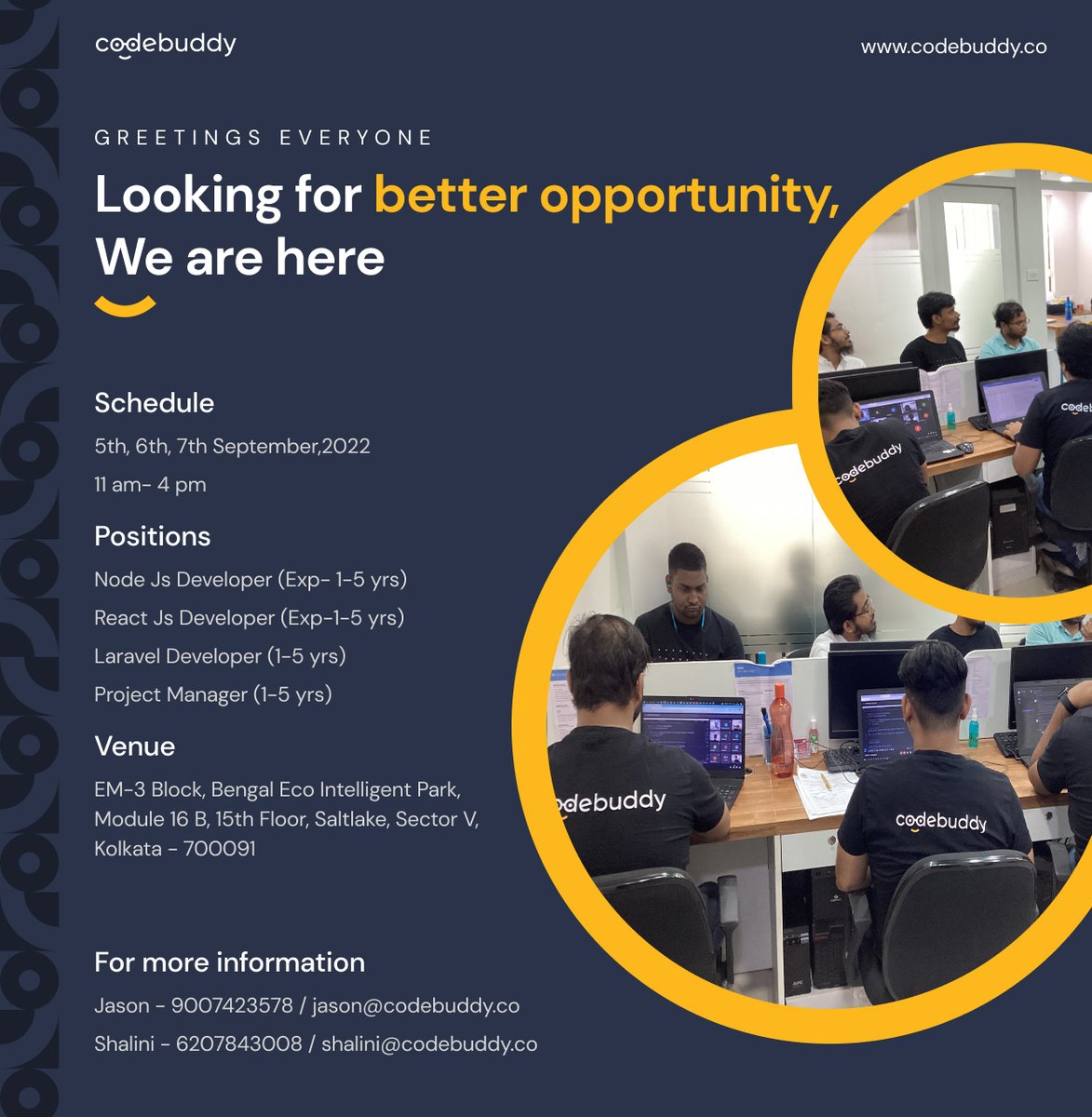 Codebuddy_India's tweet photo. Seeking out better opportunities?
We are hiring ambitious individuals to join our team.
Codebuddy Pvt. Ltd. is hosting a walk-in drive for the openings listed below.
Applications from candidates outside of Kolkata will also be accepted. 
#Walkindrive #itrecruitment #hiring https://t.co/ztC7zTQiGL