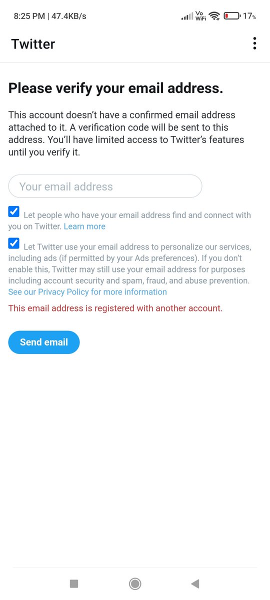 DPKS51's tweet photo. @TwitterSupport Hello Twitter ,can you solve this email bug.
@mannkaurr1 is trouble last one week.
Please help and solve this bug as soon as possible.
Because new email id is not accept and system is answer this email is already used another account but this is not. https://t.co/scS4djIlVE