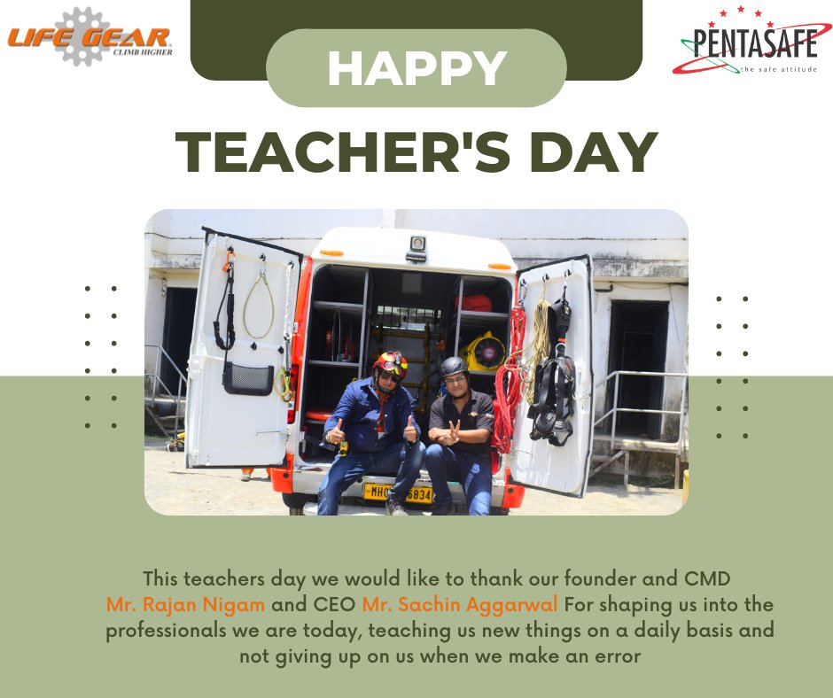Pentasafe1's tweet photo. This teachers day we would like to thank our founder and CMD Mr. Rajan Nigam and CEO Mr. Sachin Aggarwal 
For shaping us into the professionals we are today.
#happyteachersday #teachersday #happyteachersday2022 #teamlifegear #teampentasafe https://t.co/9MioxD8Ntm