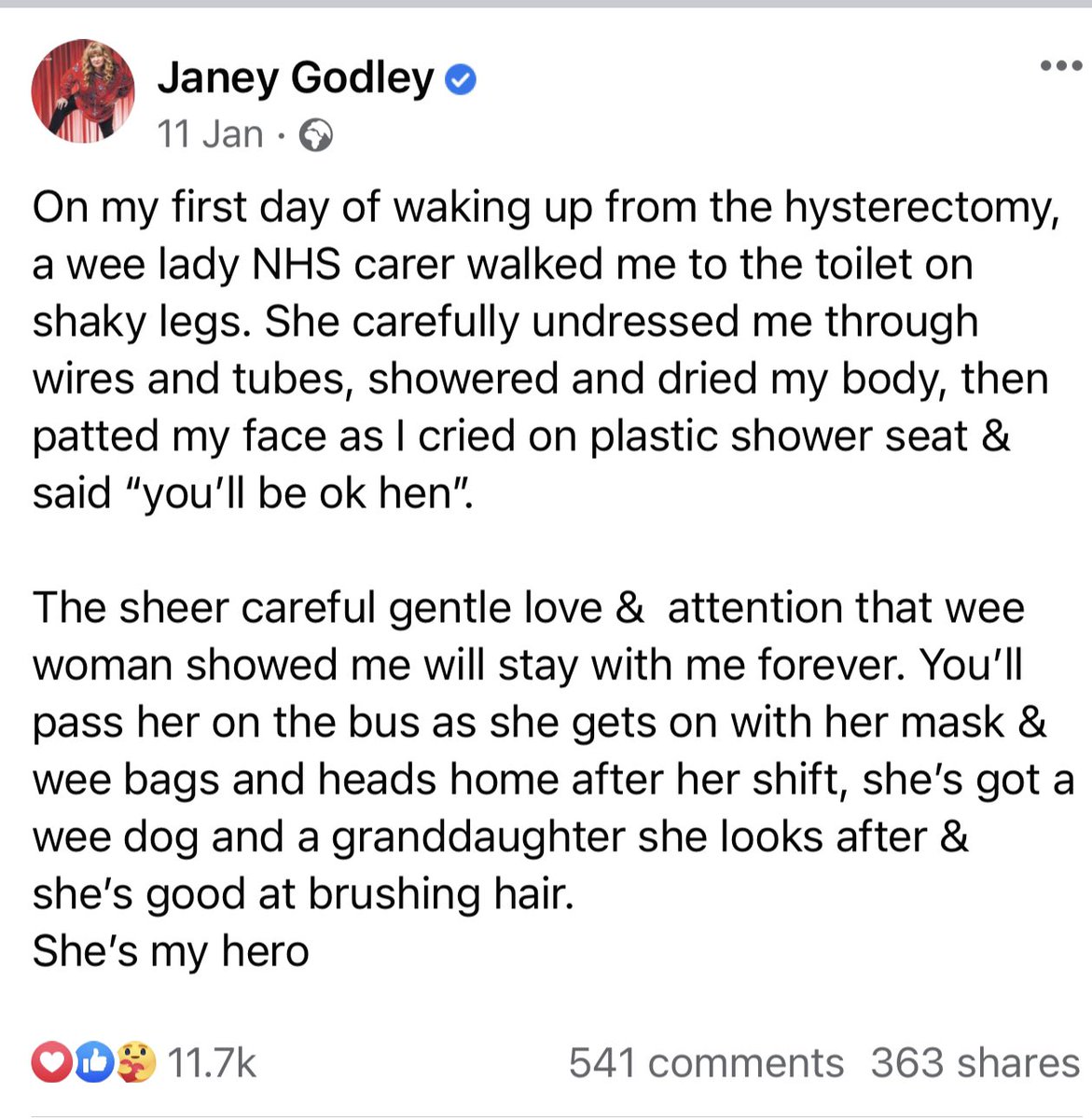 JaneyGodley's tweet photo. I still think about that wee lady who cared for me after I woke up post hysterectomy- I felt like a spatchcock chicken and she made me feel loved - all my respect to the carers in NHS https://t.co/xgcurr2Jzk