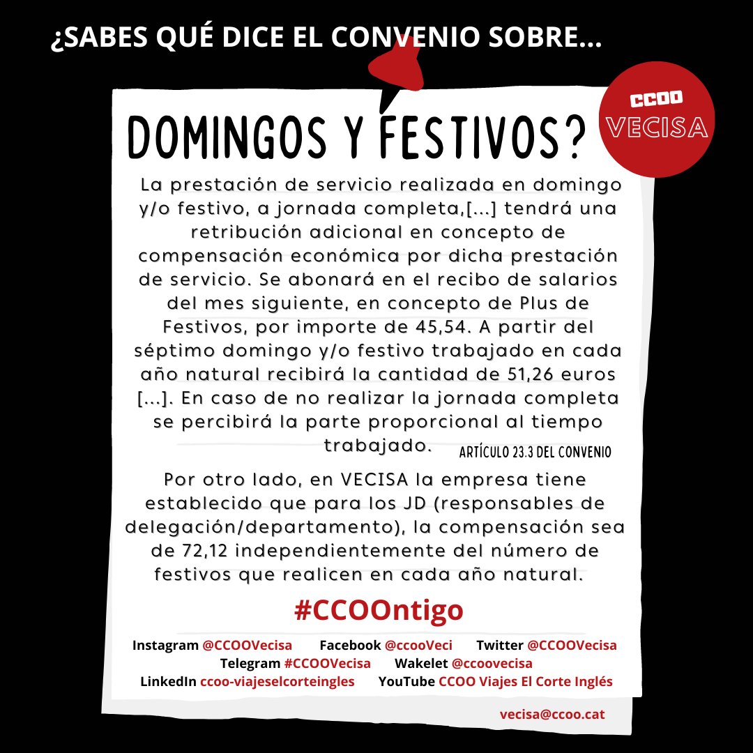 CCOOVecisa's tweet photo. Recordatorio pago domingos y festivos en #VECISA. 

#viajeselcorteingles #agenciadeviajes #festivos #ccoo #ccoovecisa #CCOOntigo https://t.co/k9VW5k9pSI