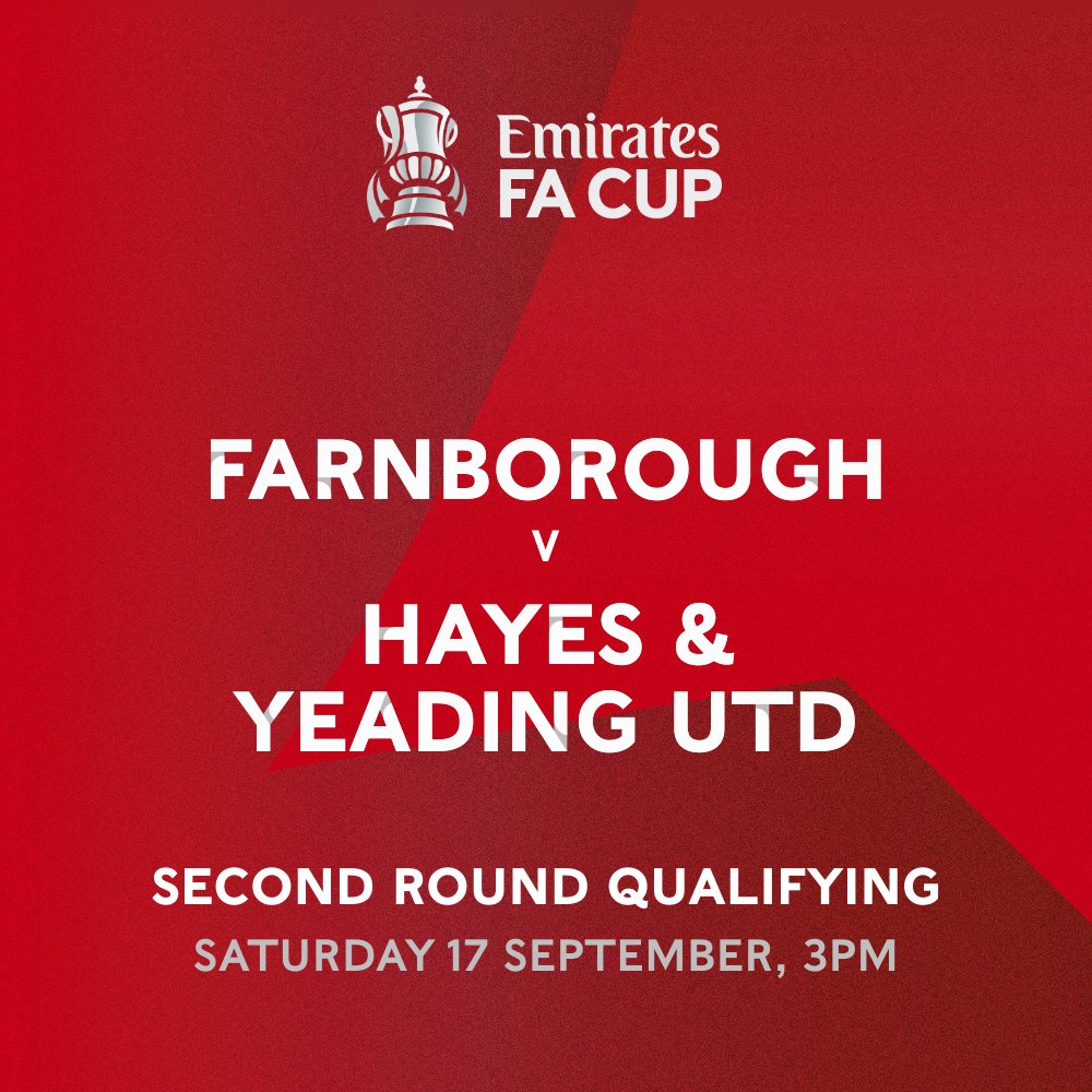 FarnboroughFC's tweet photo. 𝗕𝗥𝗘𝗔𝗞𝗜𝗡𝗚 𝗡𝗘𝗪𝗦

#FarnboroughFC have been drawn at home to @HYUFC_Official in The Emirates FA Cup Second Round Qualifying.

The tie is scheduled to take place at the Easy As HGV Stadium on Saturday 17 September.

Further details to follow... https://t.co/XOGCcRGojz