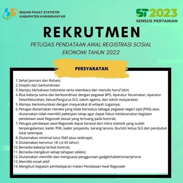 karanganyarkab's tweet photo. #Repost IG @bps_karanganyar .
• • • • • •
Halo #SahabatData, siapa yang nungguin pengumuman rekrutmen petugas Regsosek?
Ini #Statmin kasih infonya ya... https://t.co/qOvNmbX4ZE