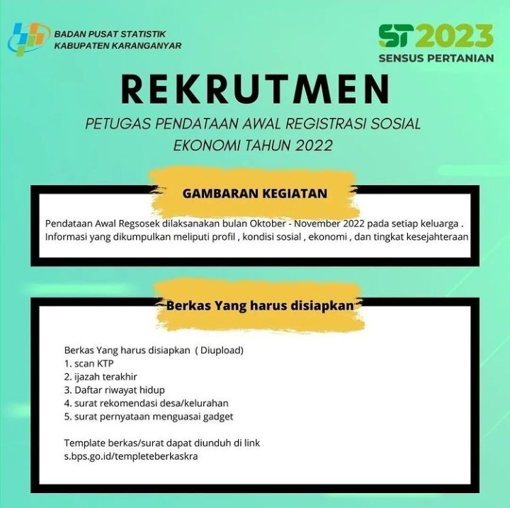 karanganyarkab's tweet photo. #Repost IG @bps_karanganyar .
• • • • • •
Halo #SahabatData, siapa yang nungguin pengumuman rekrutmen petugas Regsosek?
Ini #Statmin kasih infonya ya... https://t.co/qOvNmbX4ZE