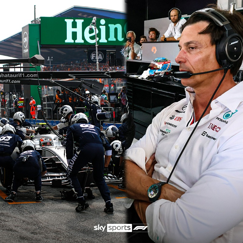 SkySportsF1's tweet photo. Mercedes boss Toto Wolff has raised questions about Yuki Tsunoda's bizarre stoppage at the Dutch GP and insists Lewis Hamilton would have had a great chance of beating Max Verstappen without the disruption 👇