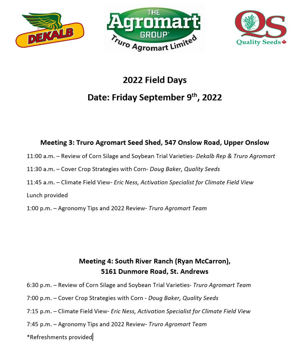 Check out our Field Days Thurs &amp; Fri this week in the Valley, Truro &amp; Antigonish!
🌽🌱🌿
<a href="/DEKALB_Canada/">DEKALB Canada</a> 
<a href="/QualitySeedsLtd/">Quality Seeds Ltd</a>