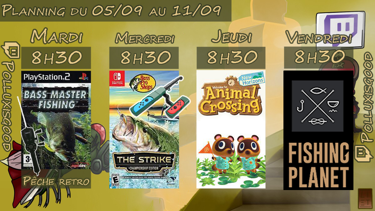 Polluxisgood's tweet image. Le planning de la semaine est là !
Comme vous le savez peut-être, je ne suis pas chez moi. A cette occasion, j'en profite pour proposer du contenu un peu différent avec des jeux de pêche sur Playstation 2 (avec manette canne a pêche) et un jeu de pêche sur Switch (avec manette)