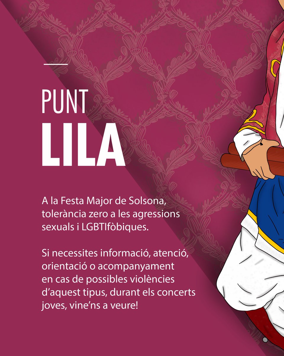 Solsona_cat's tweet photo. 🟣 Als concerts joves de la #FMSolsona2022 hi haurà un #PuntLila per informar, orientació o acompanyar les persones que pateixin algun tipus d'agressió sexual o LGBTIfòbica
📆 Dj. 8, a la sala pol.
📆 Ds. 10, a la pl. del Camp
#Solsona https://t.co/9sj0CdO4zY
