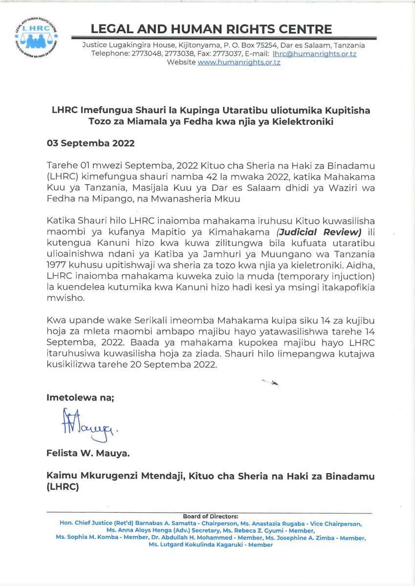 humanrightstz's tweet photo. 01 Septemba, 2022 Kituo cha #Sheria na #Haki za #Binadamu kimefungua shauri namba 42 la mwaka 2022, katika Mahakama Kuu ya #Tanzania, Masijala Kuu ya Dar es Salaam dhidi ya Waziri wa #Fedha na #Mipango na #Mwanasheria Mkuu.

Serikali imeomba Mahakama kuipa siku 14 za kujibu hoja. https://t.co/RbhcEcgAdI