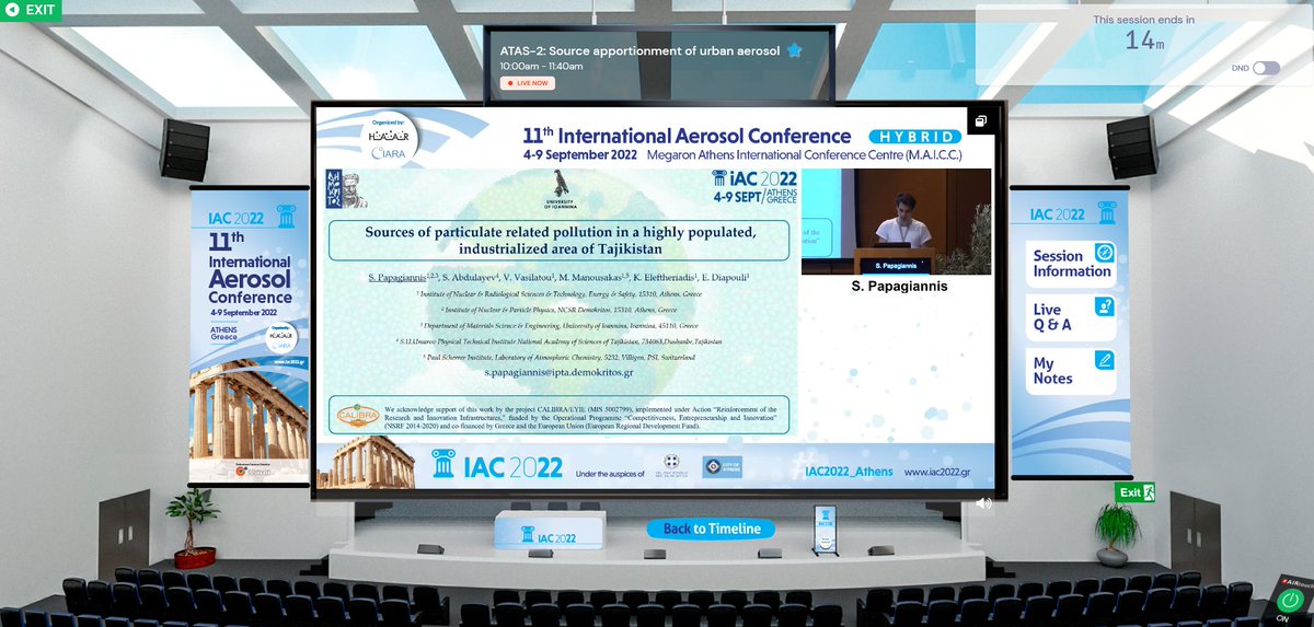 VRiffault's tweet photo. Very nice virtual room at #IAC2022_Athens 😎
One of many examples of this morning session on #SourceApportionment of urban #aerosols with measurements performed in Dushanbe, #Tajikistan 🇹🇯 presented by S. Papagiannis @NCSR_Demokritos cc @KonstantinosEL3 @lila_di https://t.co/OqeBIFjN8D