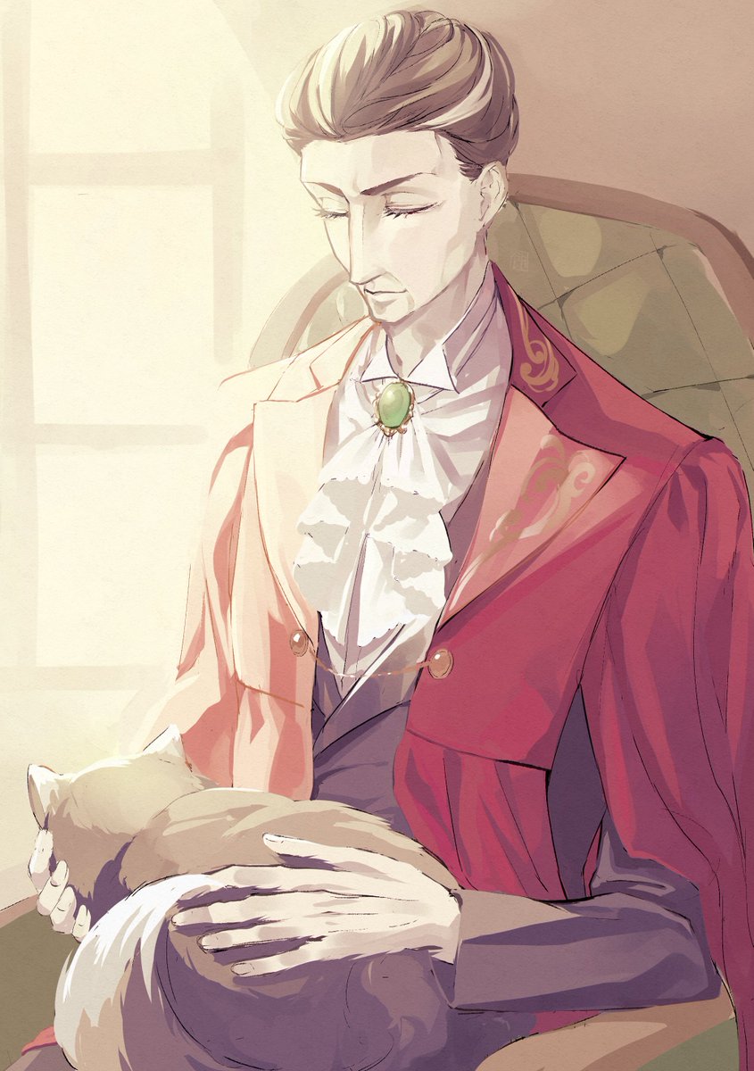 1boy male focus sitting cat closed eyes ascot formal  illustration images