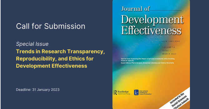 📖 3ie's Journal of Development Effectiveness has an open #callforpapers on Research #Transparency, #Reproducibility, and #Ethics for Development Research. 

💁🏽‍♀️💁🏽 Read our special issue criteria 👉🏽 bit.ly/3ieJDEff
🗓️ Submission deadline 👉🏽 31 January 2023