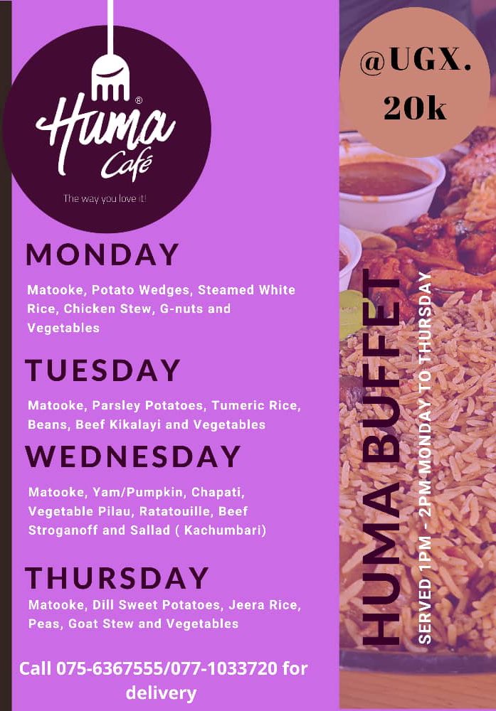 Pass by <a href="/HumaUG/">Huma Cafe</a> today and everyday of the week till Thursday and enjoy a ki buffet of lunch at just 20k served between 1pm and 2pm. 

Chef Sheena has you sorted with some mouth watering dishes! 

See menu below! 🍛🍲🍝🍜😋