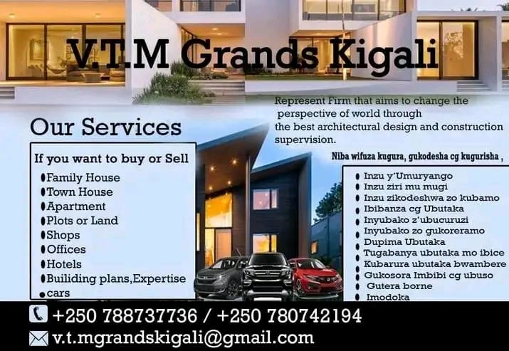 ManishimweThar's tweet photo. V.T.M Grands Kigali construction company for buy sell
 Represent firm that aims to change the perspective of warld through the Best architectural design and construction supervision
Our services
If you want to buy or sell Family House,Town House,Appointment, Shops,Offices,cars https://t.co/fmf82vTCc5