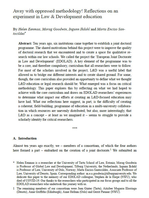 World Comparative Law / VRUe (@wcl_vru) on Twitter photo "Away with oppressed methodology!"
<a href="/EenmaaHelen/">Helen Eenmaa</a> <a href="/meagoodwin/">Morag Goodwin</a>, @IIkdahl, and Marta Enciso Santocildes reflect on an experiment in Law & Development education that created a 6-country, multi-institution joint doctoral programme (EDOLAD). 1/3 "Away with oppressed methodology!"
<a href="/EenmaaHelen/">Helen Eenmaa</a> <a href="/meagoodwin/">Morag Goodwin</a>, @IIkdahl, and Marta Enciso Santocildes reflect on an experiment in Law & Development education that created a 6-country, multi-institution joint doctoral programme (EDOLAD). 1/3