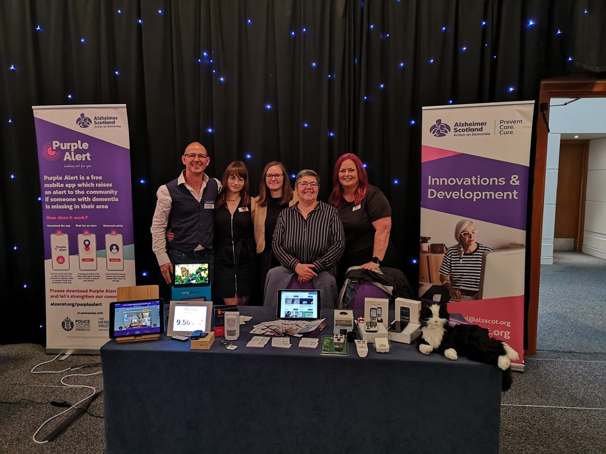 janicemcghie's tweet photo. #InnovationAndDevelopment Team stall all set up at #Alzscot22. Drop by &amp; hear about consumer tech used by people living with dementia &amp; carers, #PurpleAlert app, #HerbertProtocol and Virtual Resource Centre
@rachelmclauch @Digitaltattie @TommyPetillo @suzie_beresford https://t.co/4fw8zegS7r