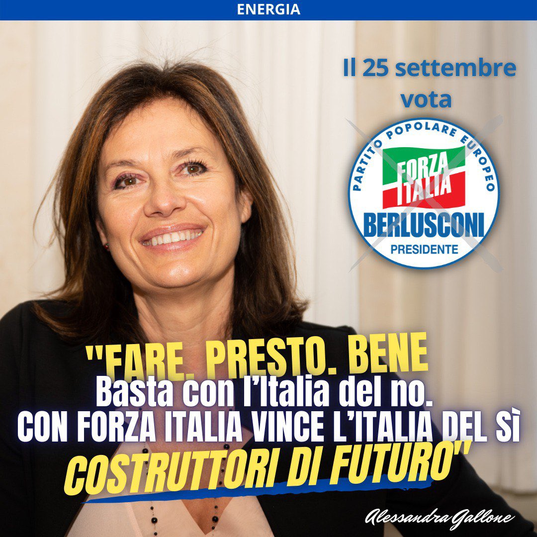 ENERGIA: FARE. PRESTO. BENE. 
Basta con l’Italia del no. CON FORZA ITALIA VINCE L’ITALIA DEL SI’. 
Costruttori di futuro
🔋 In questo momento ci vogliono azioni immediate: un tetto europeo al prezzo del gas e aiuti. Poi serve puntare sul mix energetico che oggi va a singhiozzo.
