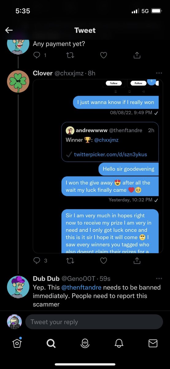 Clev_CryptO's tweet image. See. Perfect example. This @thenftandre needs to be banned and all these fake giveaways also. These scammers getting everyone’s hopes up for nothing. #fakegiveaways #btc #bnb #crypto #eth