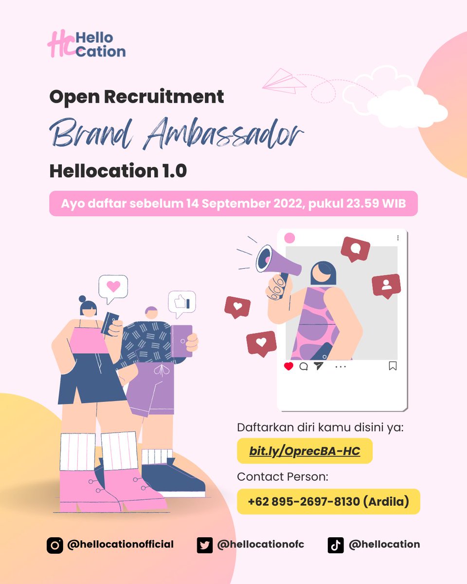hellocationofc's tweet image. 📢📢 OPEN RECRUITMENT BRAND AMBASSADOR 📢📢
Annyeong Cationers🇰🇷👋🏻

Info terbaru buat kalian yang tertarik dan minat dengan @hellocationofflicial 🫶🏻

Hellocation membuka kesempatan buat kalian yang minat jadi "wajah" dari @hellocationofficial, keren banget kaann 🤩🤩🤩