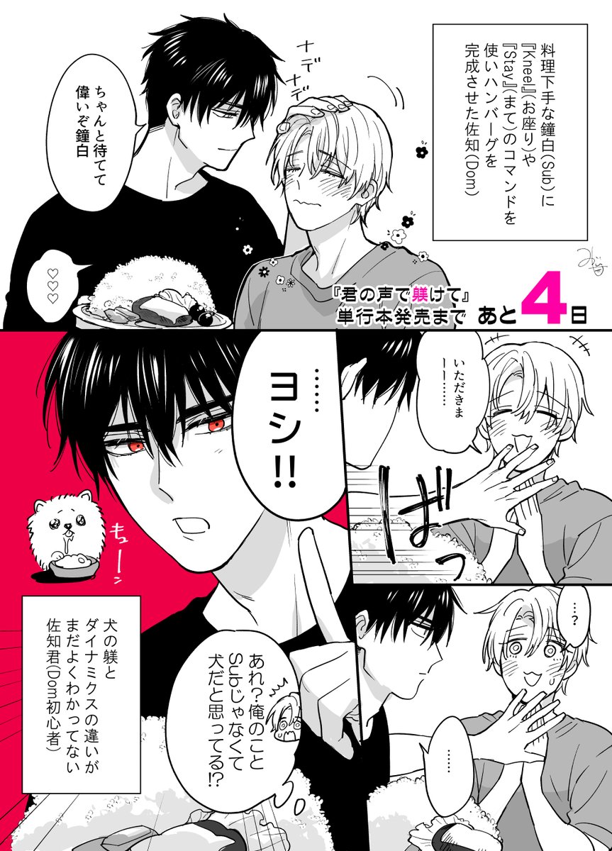 『君の声で躾けて』9/9単行本発売まで
あと4⃣日❣

鐘白「いただきます!」

佐知「米、少なかったらおかわりあるぞ」

鐘白「…え、これで少な…え???」

#君の声で躾けて 