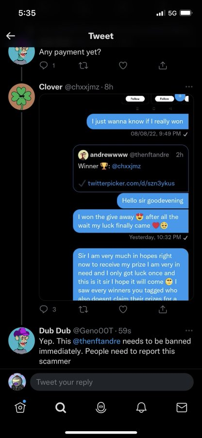 BytesDonald's tweet image. See. Perfect example. This @thenftandre needs to be banned and all these fake giveaways also. These scammers getting everyone’s hopes up for nothing. #fakegiveaways #btc #bnb #crypto #eth