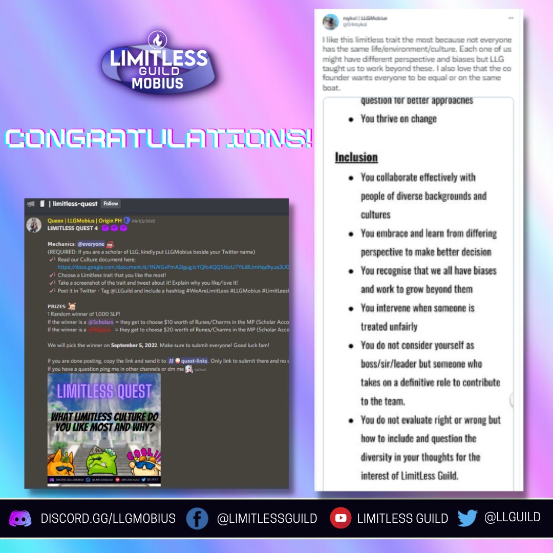 LLG_Mobius's tweet photo. Congratulations @04mykol for winning $20 worth of Runes/Charms from LimitLess Quest 4🎉
FOLLOW US:
✅Facebook: https://t.co/hkanHQWr9q
✅Twitter: https://t.co/M0qtOeVE5s
✅Youtube: https://t.co/Jl4QvN1oRY
#AxieInfinity #AxieOrigin #LimitLessMobius #LimitLessQuest #StayLimitLess https://t.co/JMvLG1Urvr