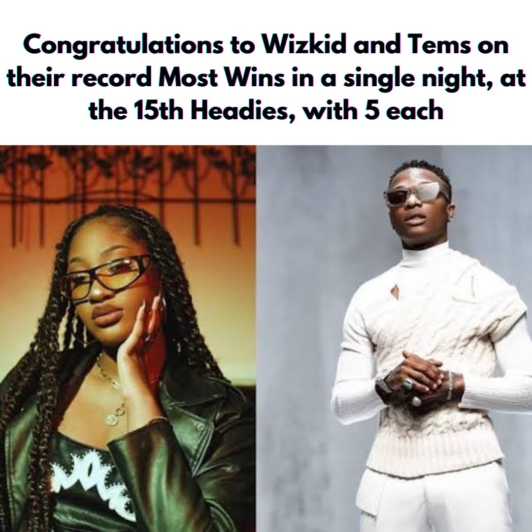 BoombuzzNG's tweet photo. The 15th Headies Awards held last night, with Wizkid and Tems tied for most wins at this year's edition, with 5 wins each, including Song of The Year.

Head to the Boomplay App to see the full list of winners.

#Boombuzz  #The15thHeadies https://t.co/OzzEilQxjv