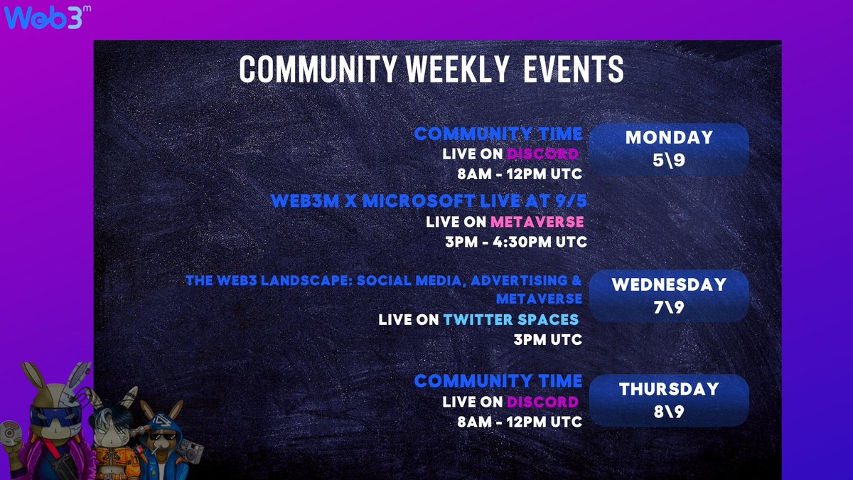 _WEB3M_'s tweet photo. Our weekly events! 
have a great and productive week🤗#motivationmonday #web3 https://t.co/UTCh8ZjywR